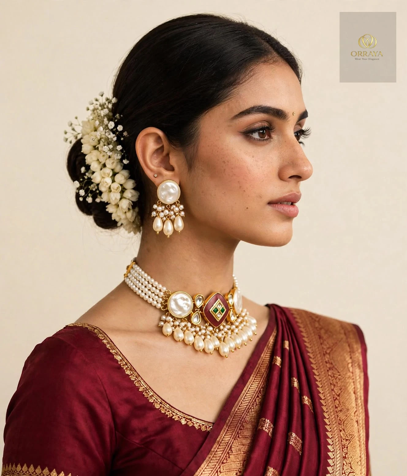 Side profile styling view showing the choker fit and matching earring with pearl drops