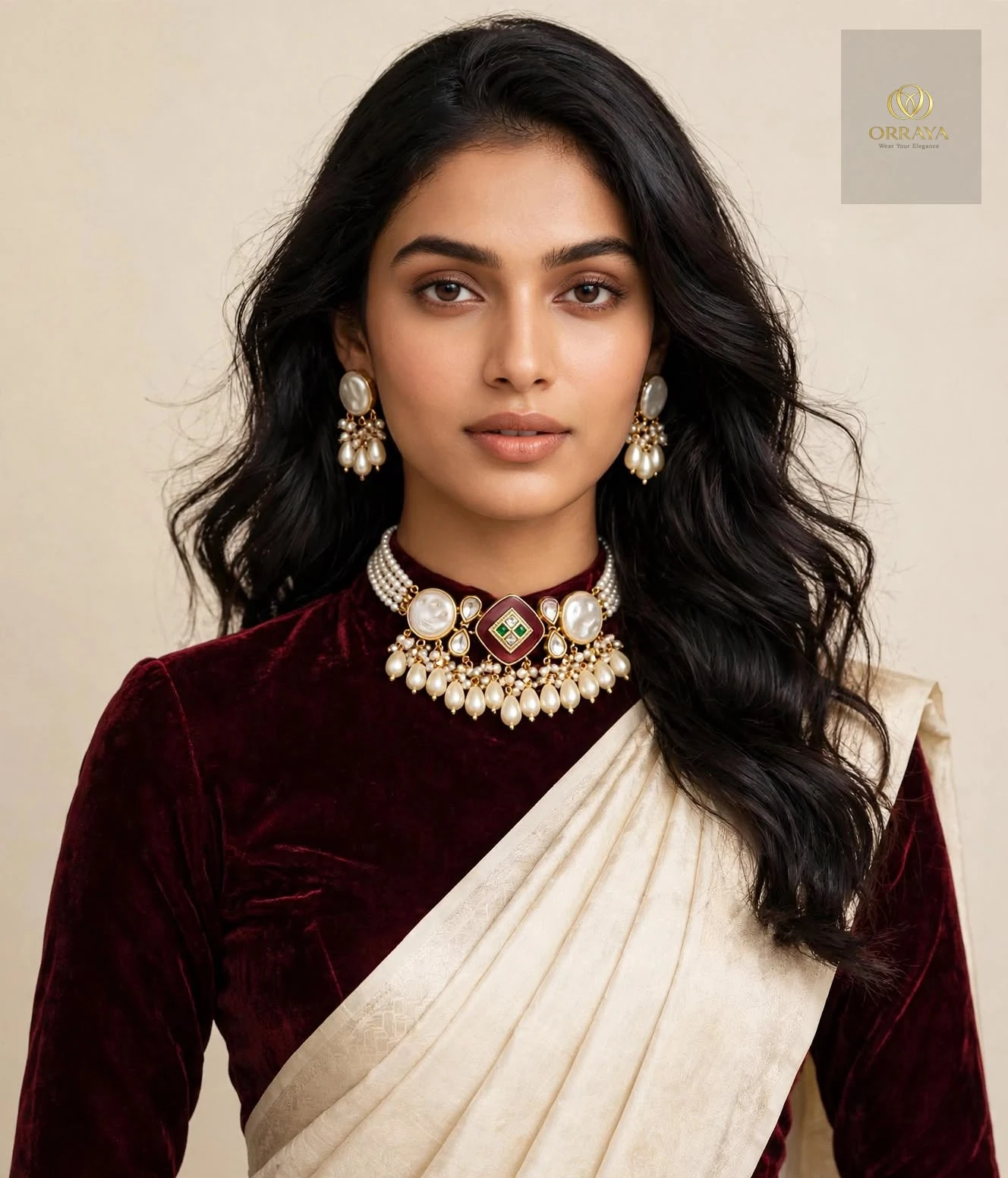 Front portrait of the full jewelry set styled with a dark blouse and ivory saree drape