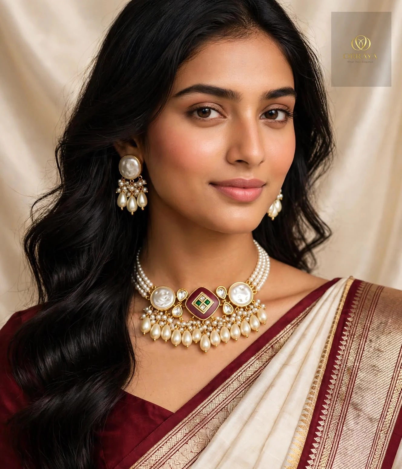 Close portrait highlighting the choker centerpiece and both matching pearl drop earrings