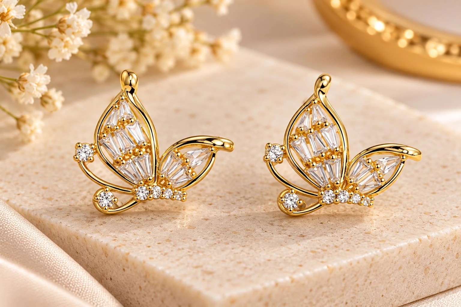 Pair of gold-toned butterfly stud earrings with clear stones displayed on a beige stone block