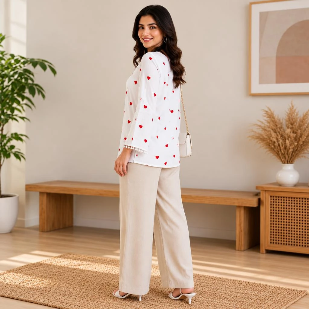 Rear three-quarter view of white heart-print tunic with pom-pom cuff trim and beige wide-leg pants