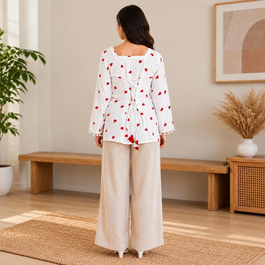 Back view showing square back neckline and lace-up tie detail on the white red-heart tunic