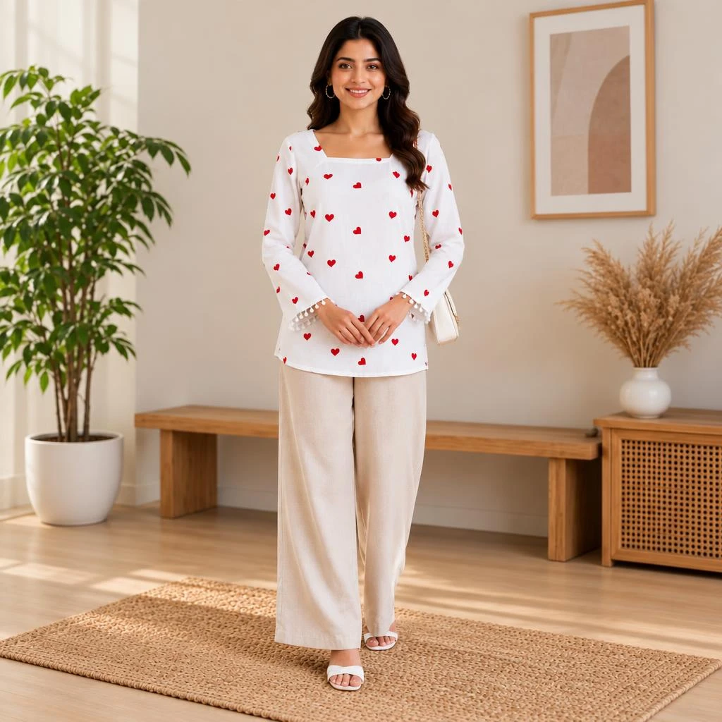 Full-length styled look with white heart-print tunic, beige wide-leg pants, white heels and shoulder bag