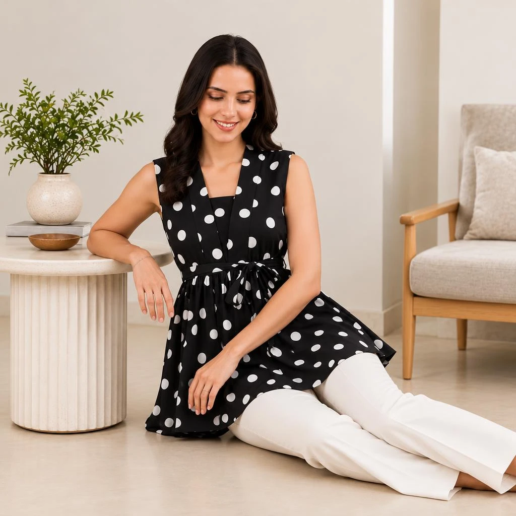 Black polka dot sleeveless peplum top with tie waist shown seated, paired with white trousers