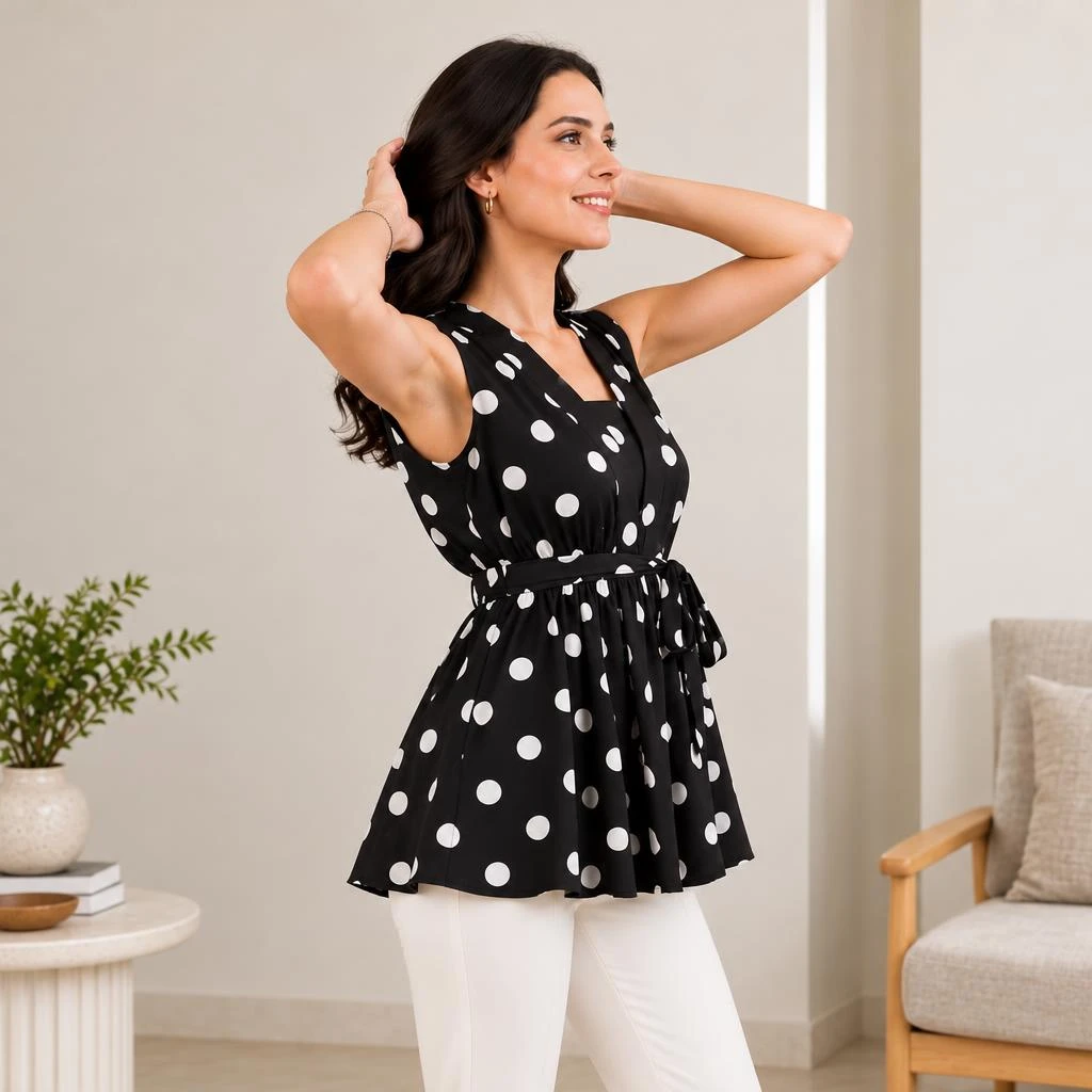 Side-angled view of black polka dot peplum top highlighting V-neckline and cinched tie belt