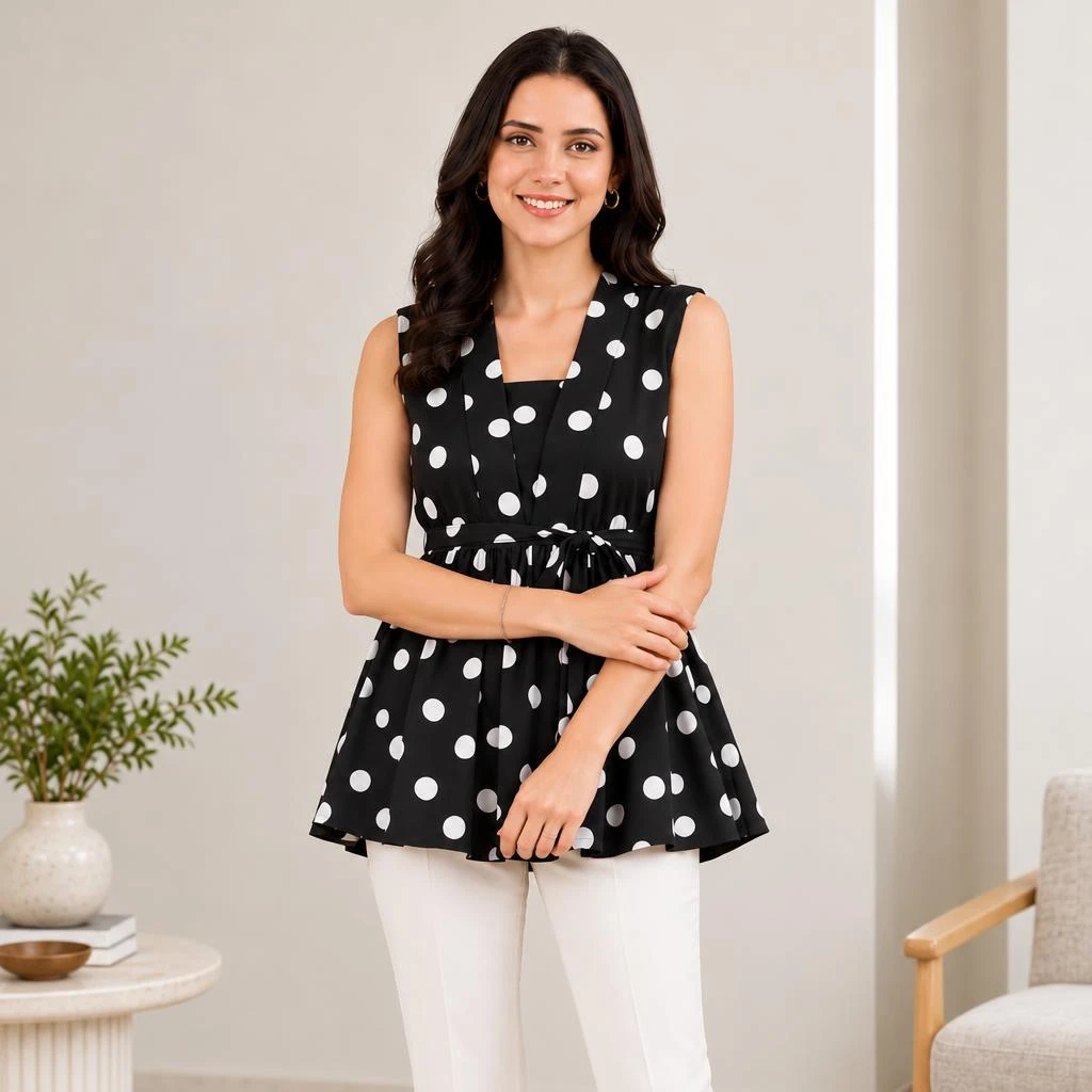 Straight-on standing view showing the flared hem and layered neckline of the polka dot top