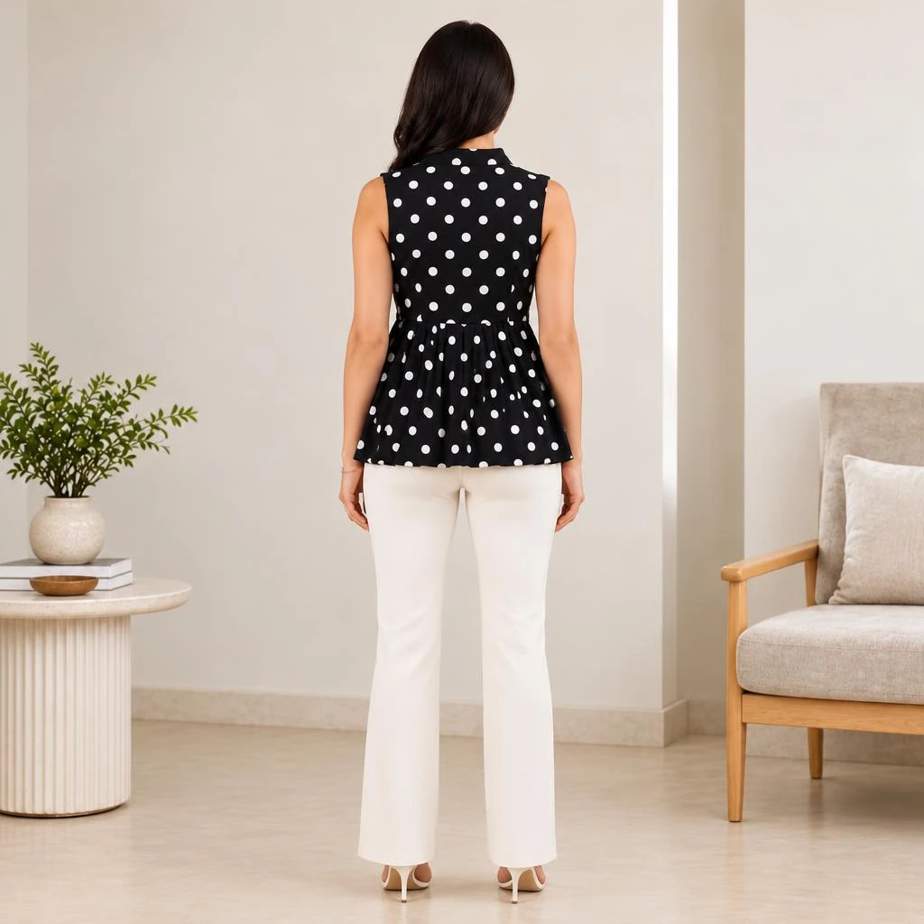 Back view of black sleeveless polka dot peplum top with gathered waist and flared hem