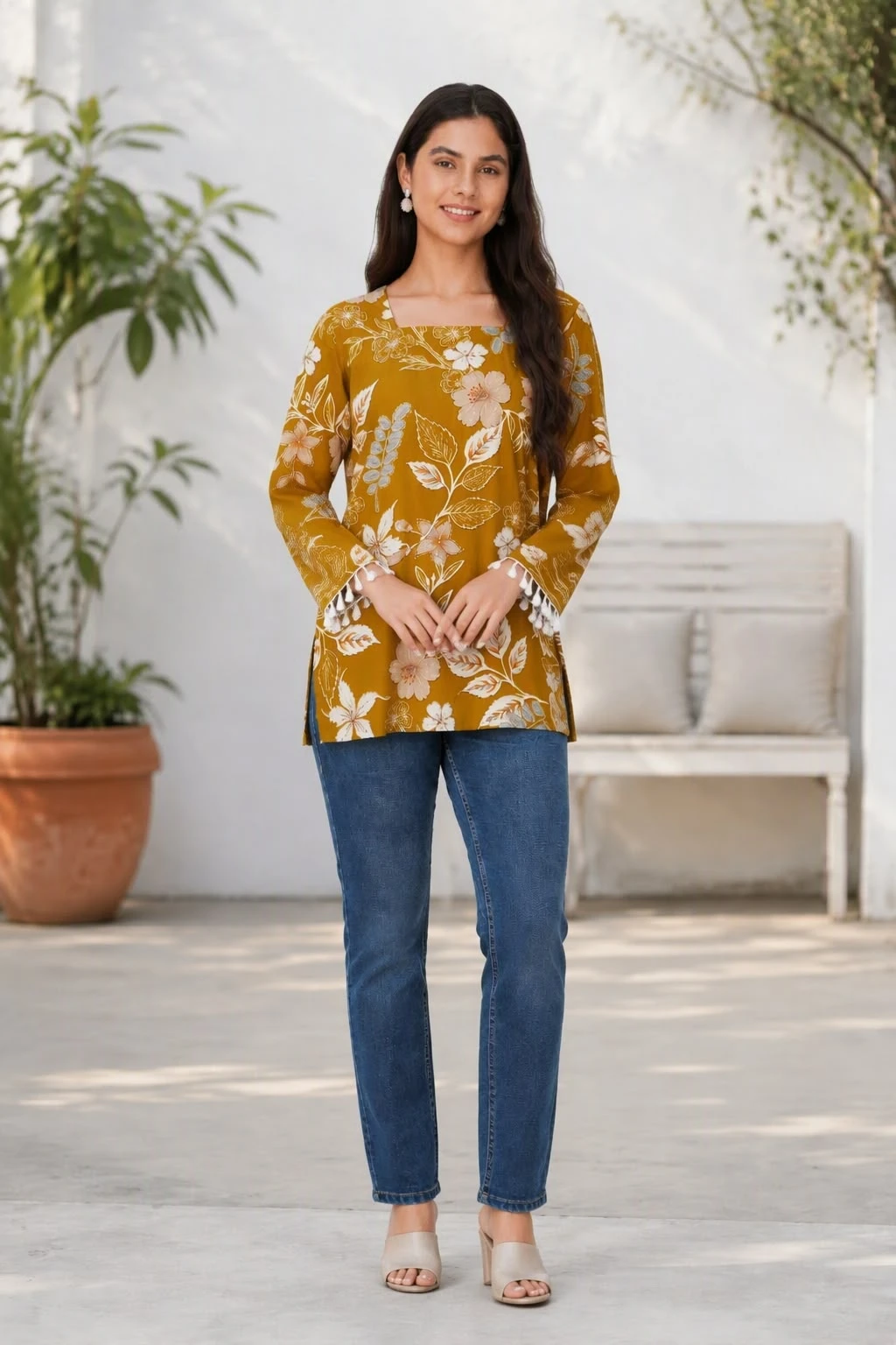 Full-length front pose highlighting the tunic's relaxed fit, side slits and floral pattern