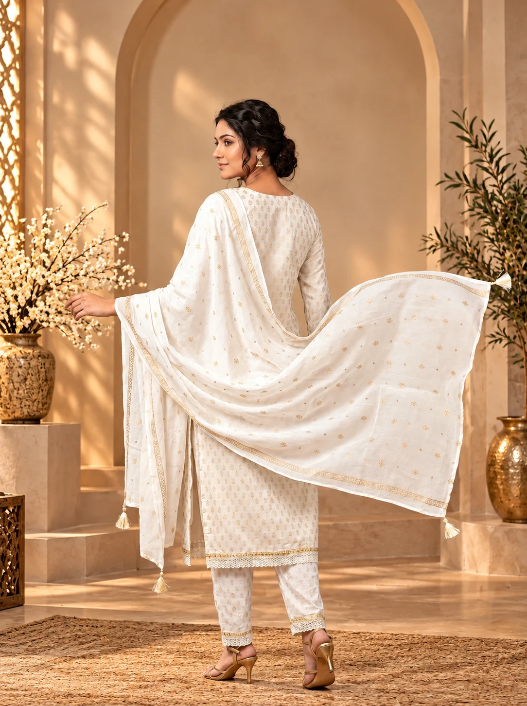 Back view of off-white kurta set with gold motifs and flowing dupatta spread wide, finished with tassels