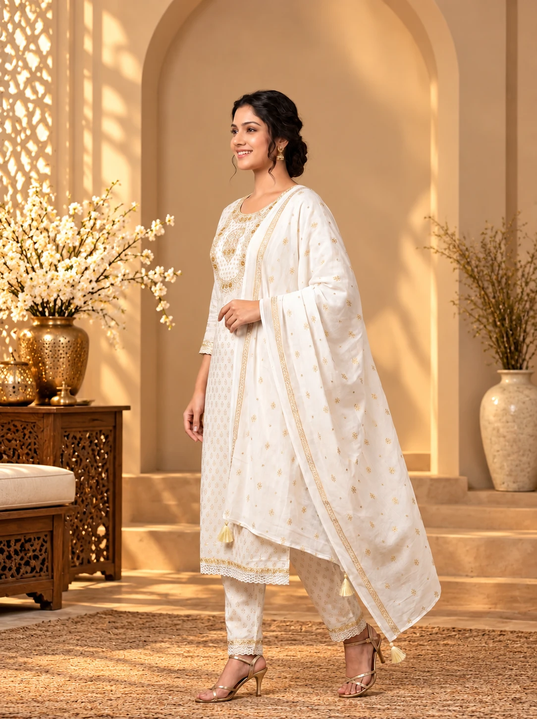 Three-quarter side view highlighting the embroidered neckline, lace hem, and draped off-white dupatta
