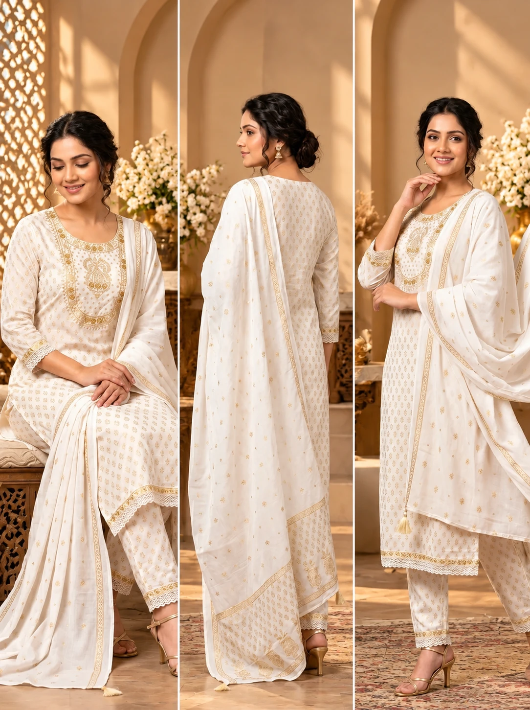 Three-panel collage showing seated front detail, back view, and close three-quarter pose of the kurta set