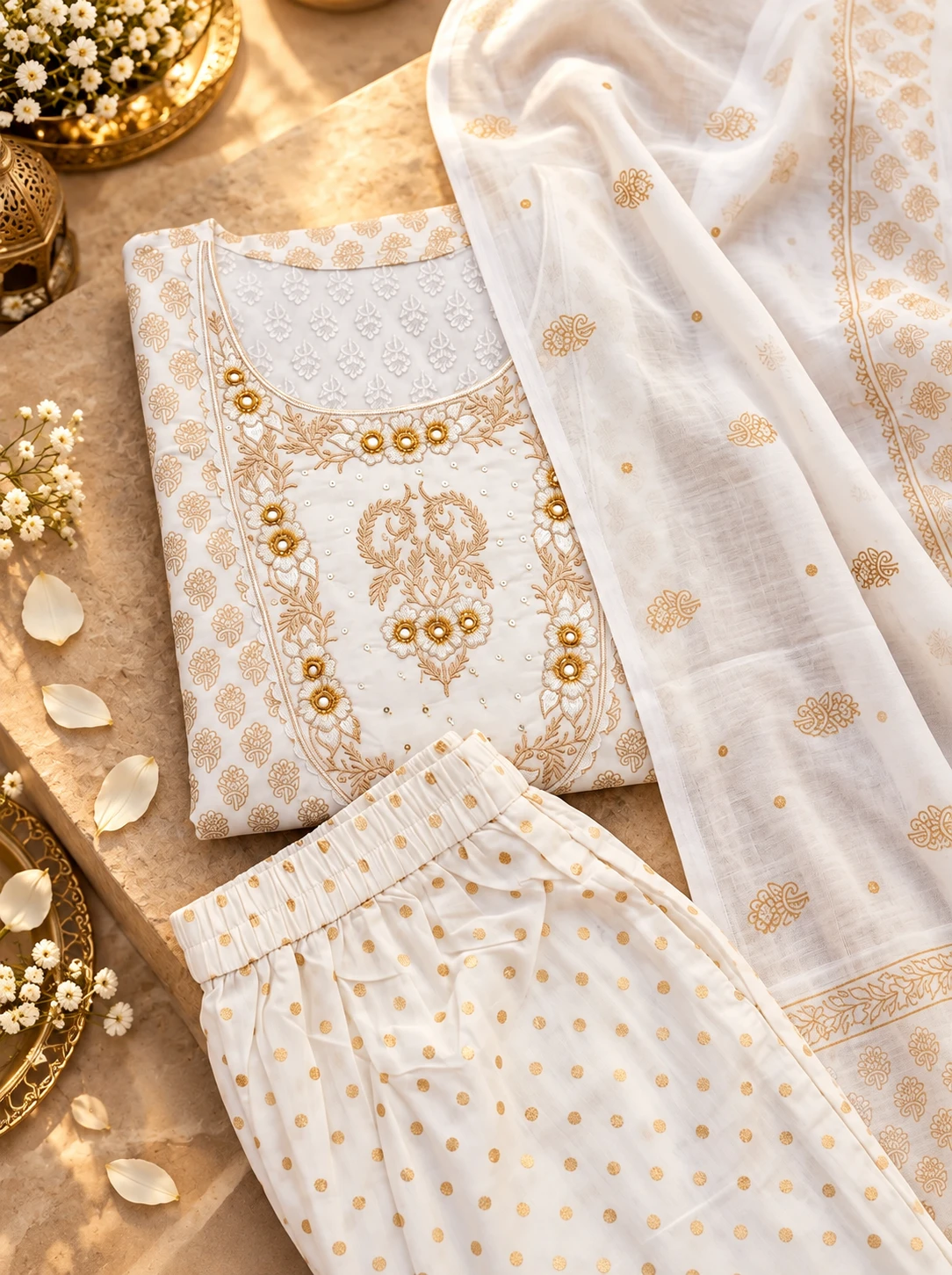 Flat lay of folded off-white kurta set showing gold floral yoke embroidery, printed pants, and sheer dupatta
