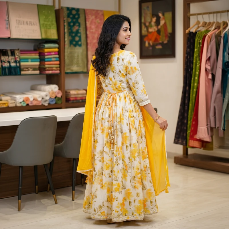 Back view of white and yellow floral Anarkali showing tie-back waist tassels and bright yellow dupatta