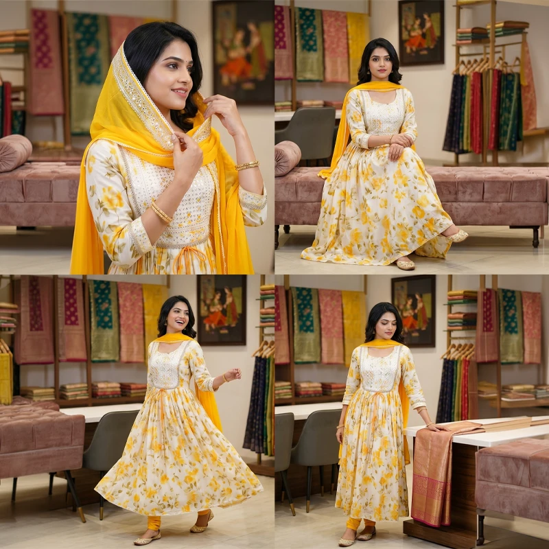 Four-view collage of the floral Anarkali styled with yellow dupatta, including seated, draped and twirl poses