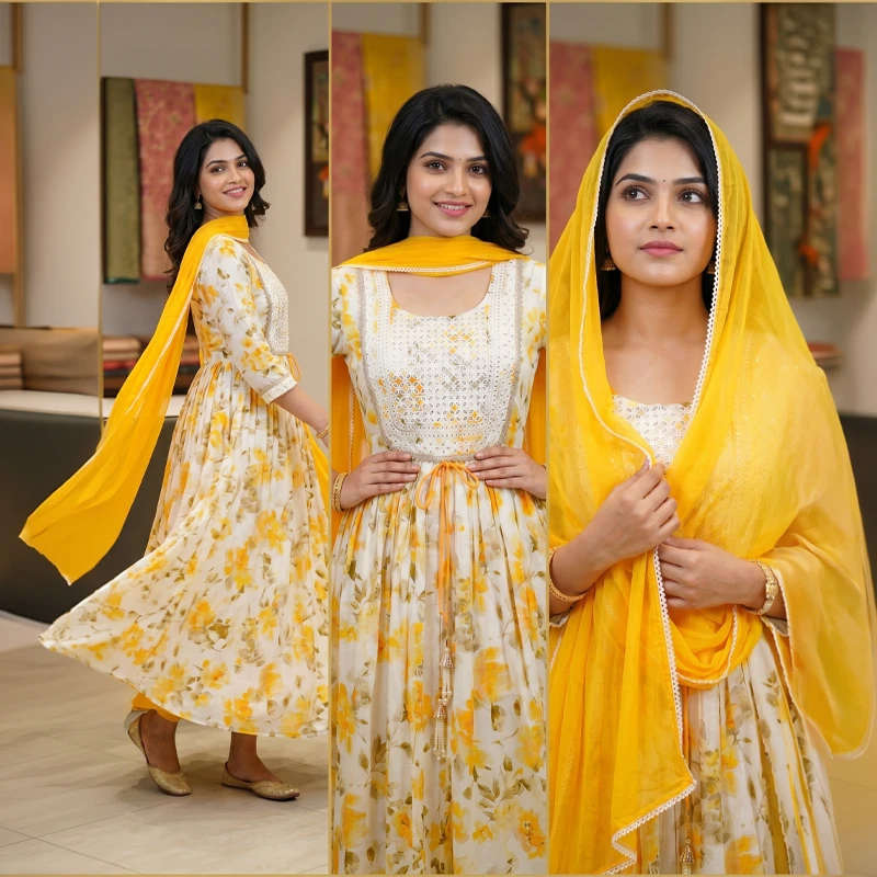 Three-panel collage showing side twirl, waist-up front view, and dupatta-draped headshot of the white yellow floral Anarkali