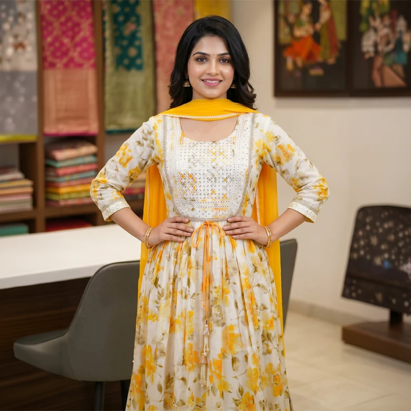 Front full-length view of floral white Anarkali with mirrorwork bodice, tie waist tassels and yellow dupatta