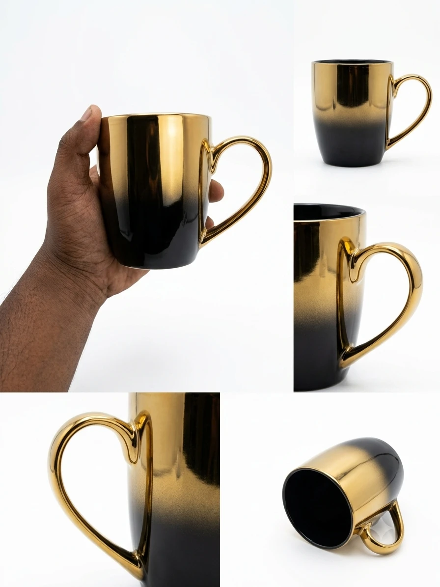 Collage showing full mug, close-ups of the gold handle, and angled view of the black interior