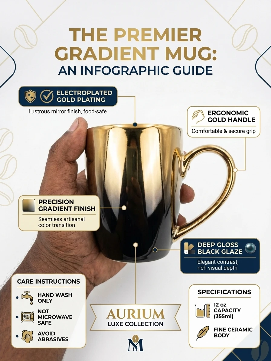 Infographic highlighting gold plating, gradient finish, black glaze, care instructions and 355 ml capacity