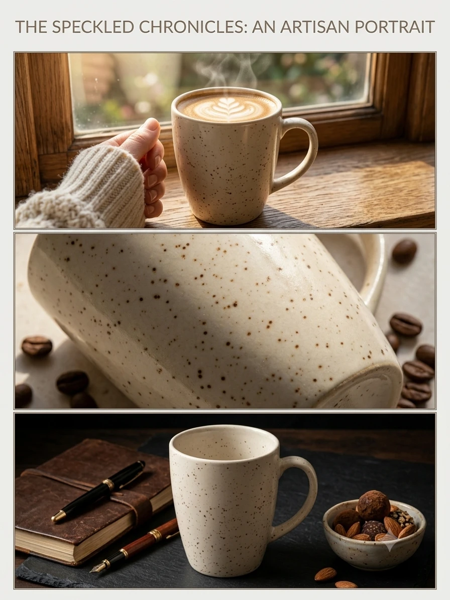Lifestyle collage showing the speckled mug with latte art, glaze close-up, and desk styling with snacks