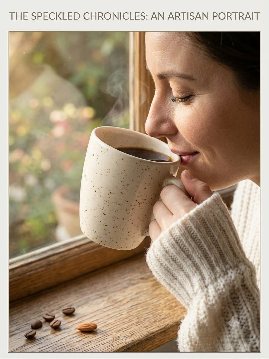 Side view of the speckled mug being held near a window with hot coffee and visible steam
