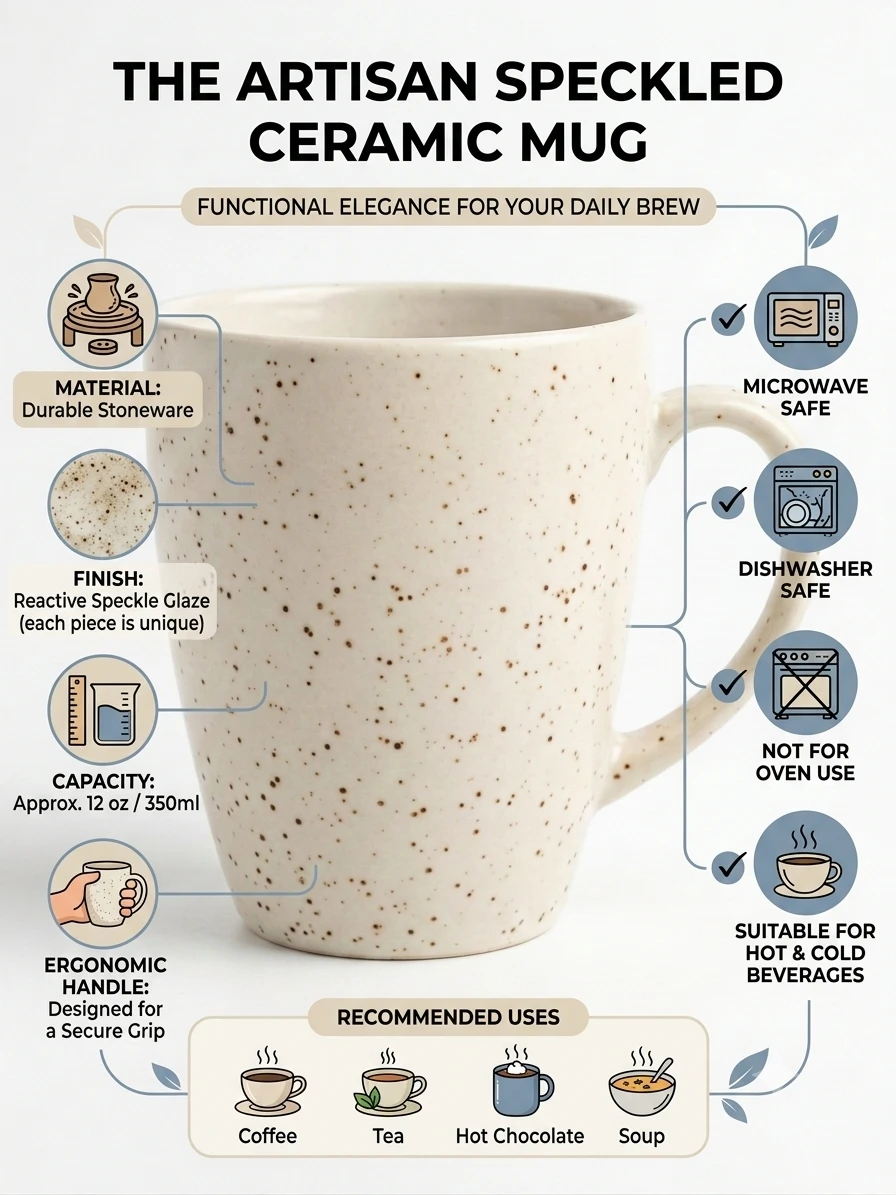 Infographic of the speckled ceramic mug showing 350 ml capacity and microwave and dishwasher safety