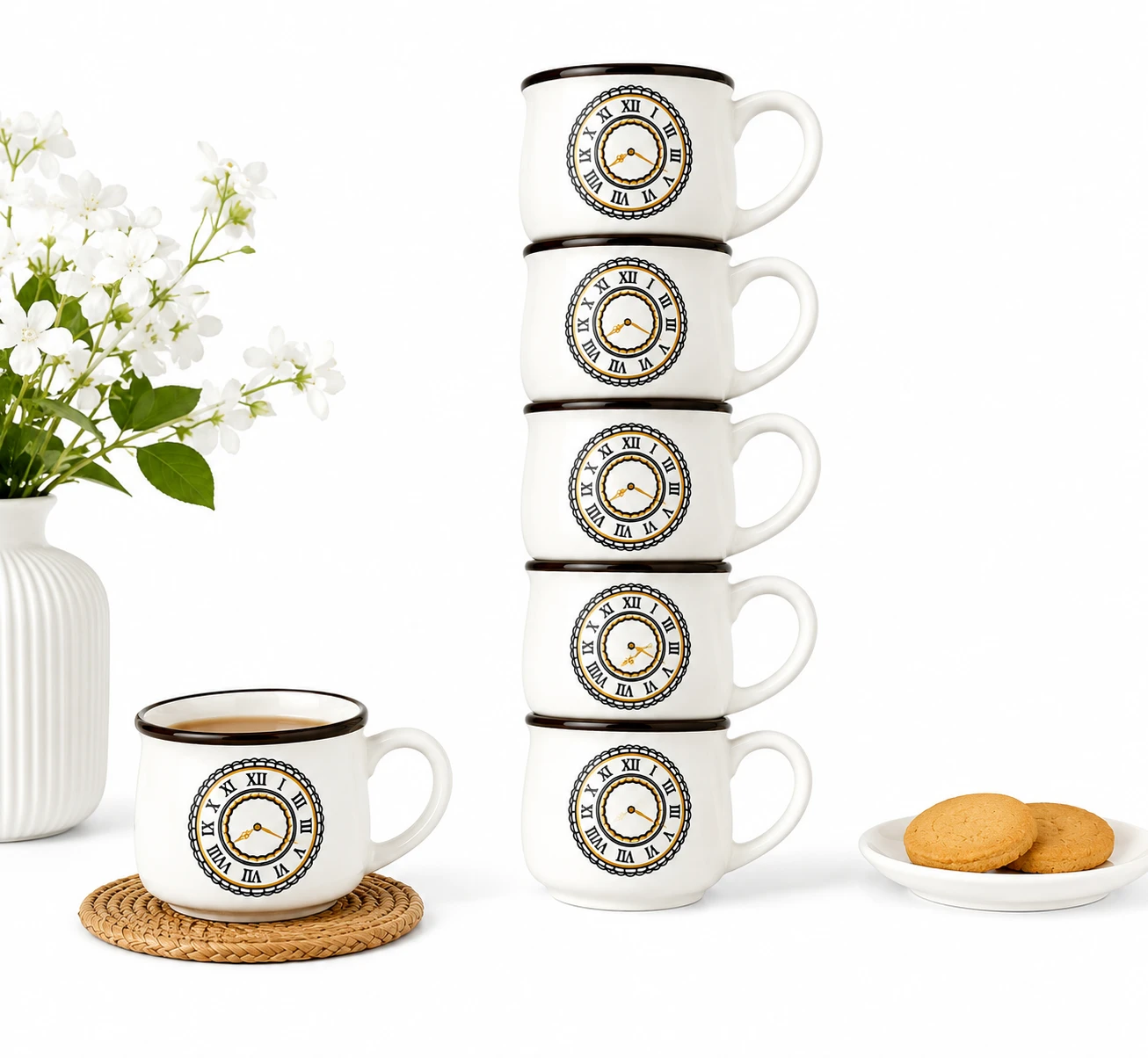 Styled setup with one mug on a woven coaster and five mugs stacked beside a plate of cookies