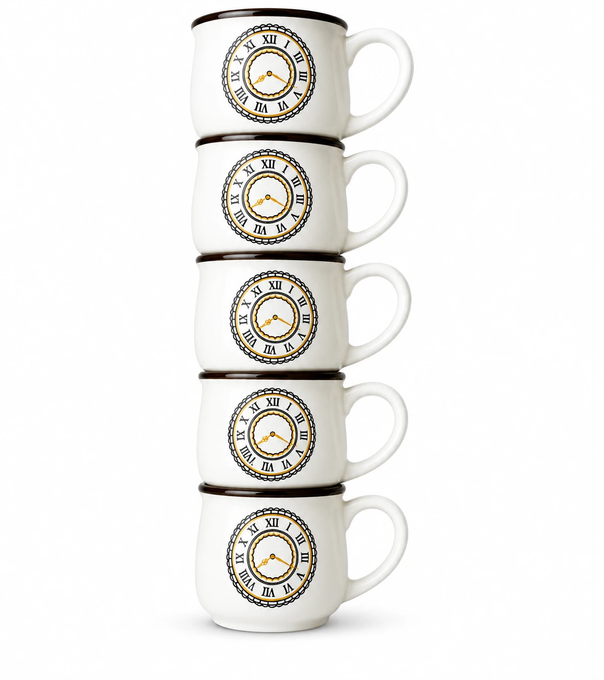 Front view of five stacked white mugs with black rim and gold-accent clock design