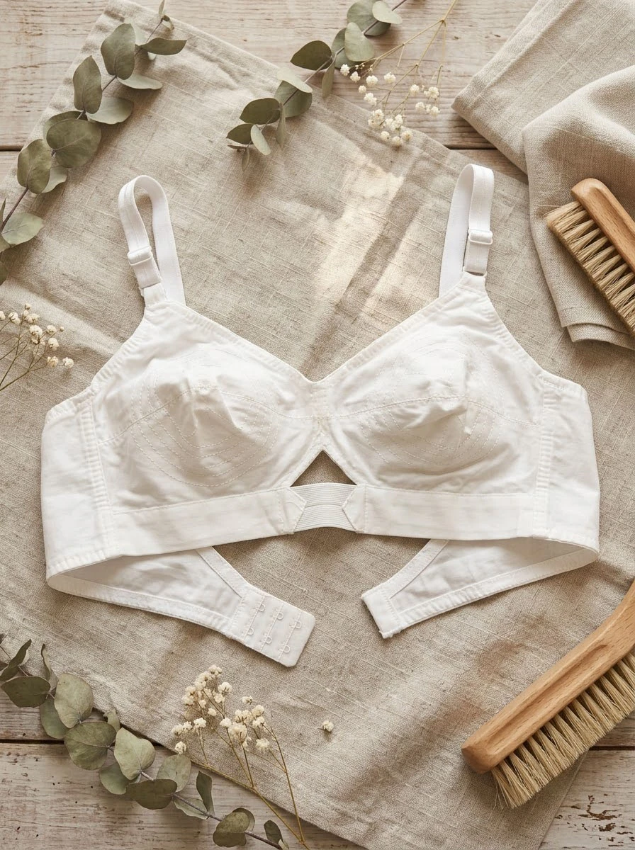Flat lay of the white bra with open back closure, styled on beige linen with dried greenery and brushes