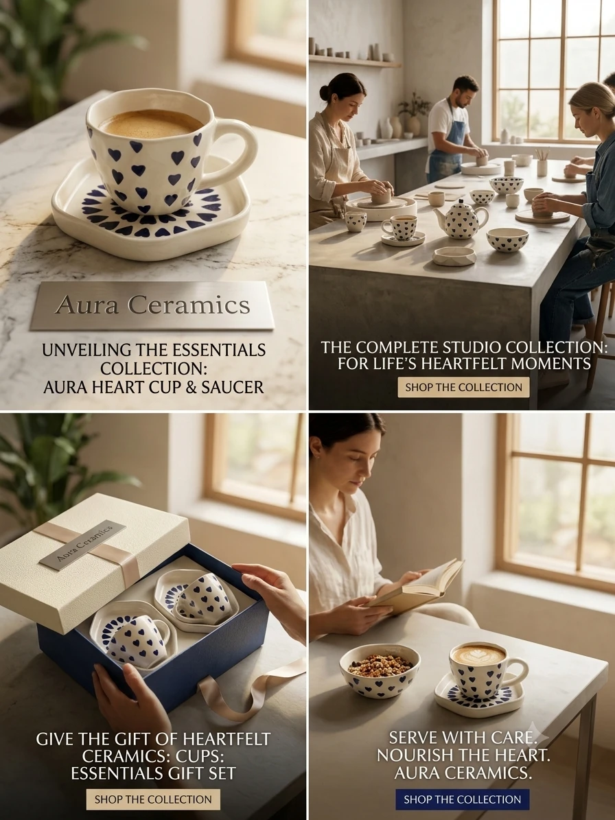 Collage showing cup on saucer, boxed set of two, and styled table scenes from the Aura Ceramics collection