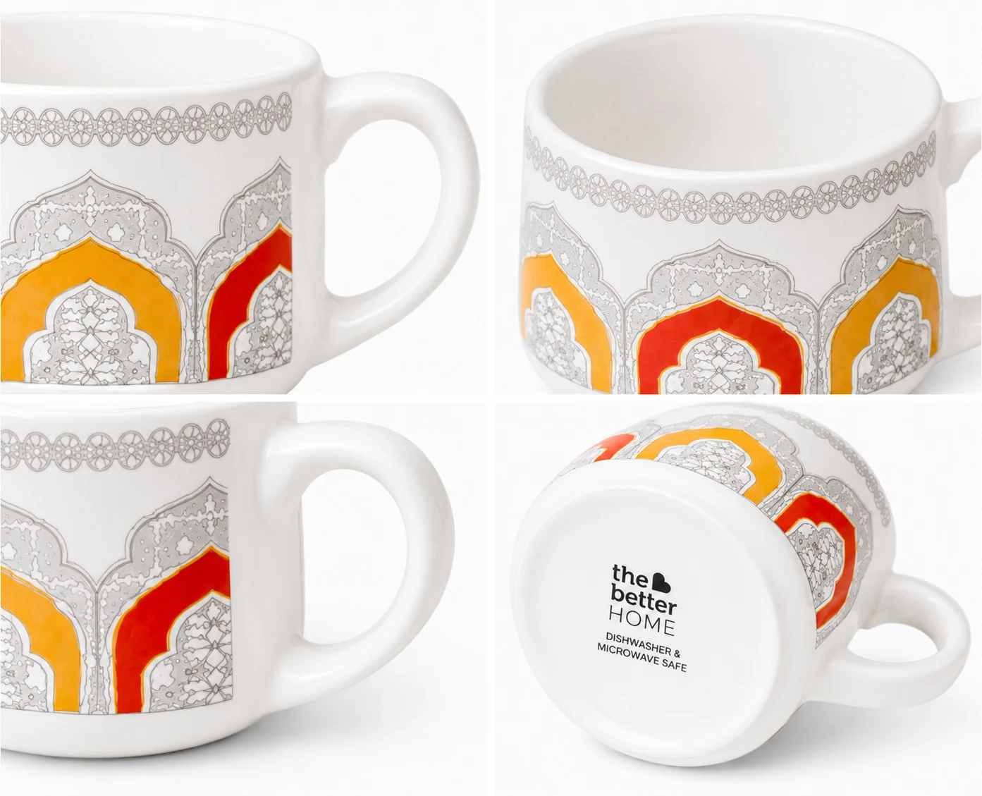 Close-up collage showing mug print, rounded handle and stamped base with care details