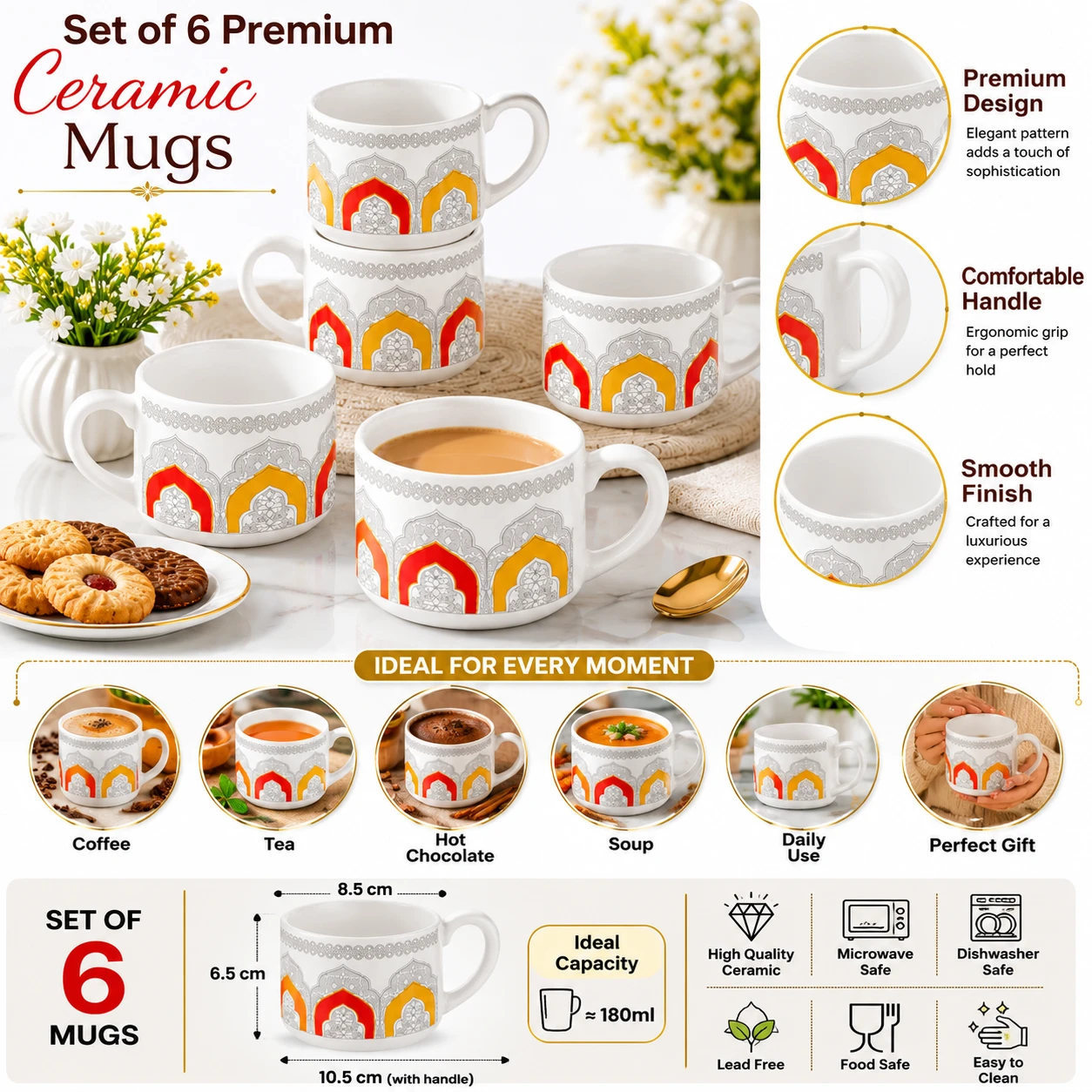 Infographic of 6 ceramic mugs with features, uses, dimensions and 180 ml capacity