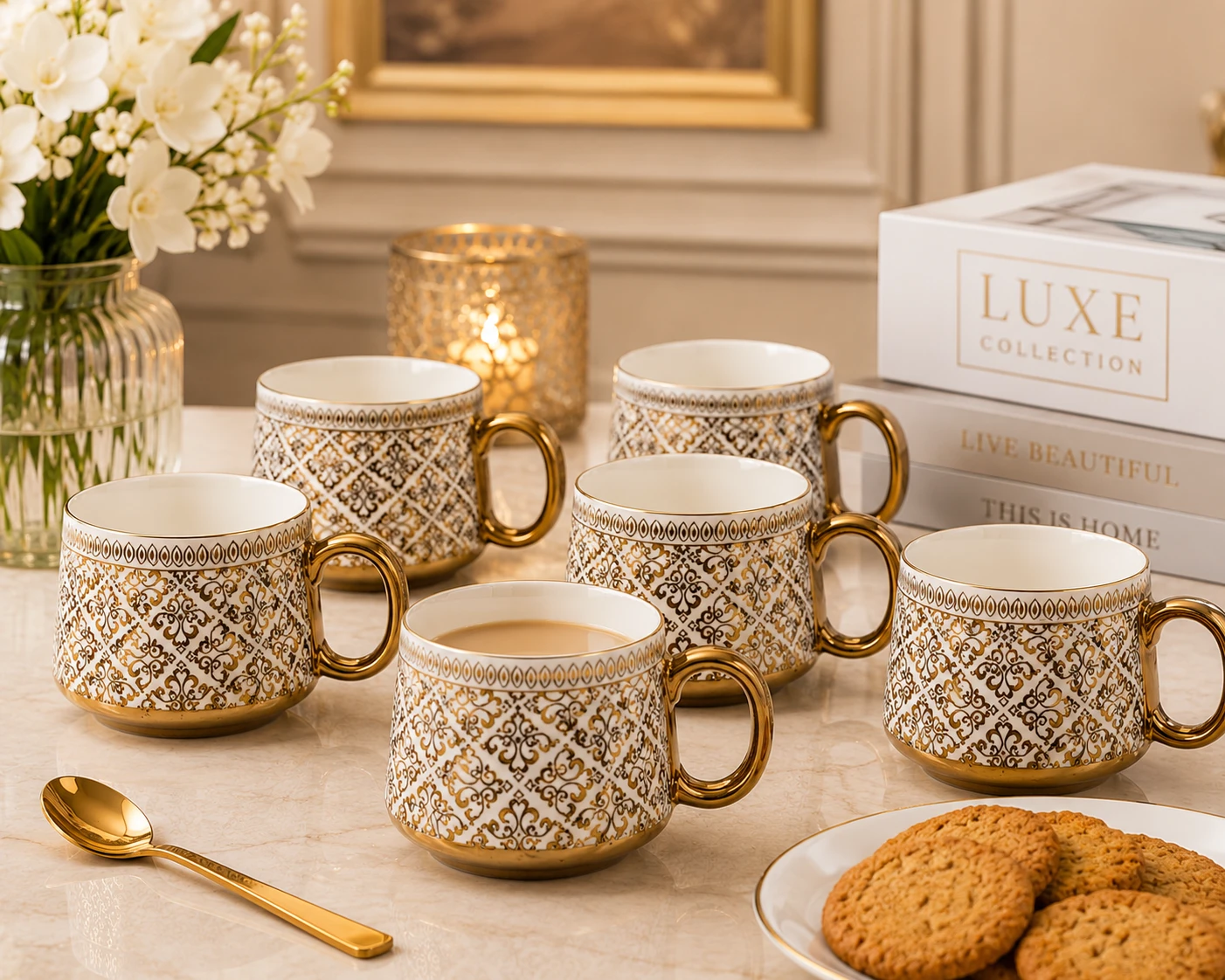 Six decorative mugs styled with a gold spoon, cookies and Luxe Collection box in a warm setting