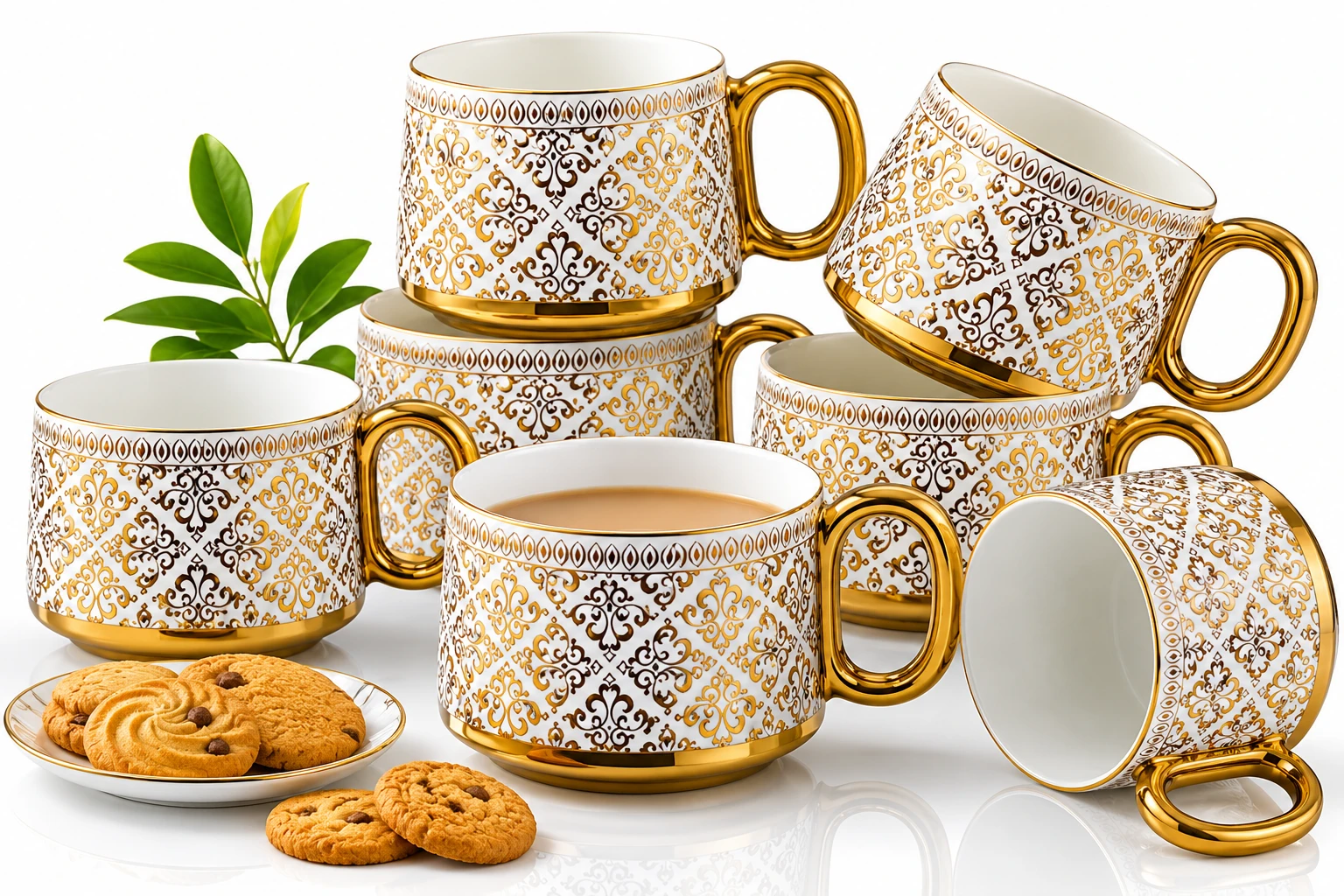 Close arrangement of the mug set highlighting one filled cup, stacked placement and one mug on its side