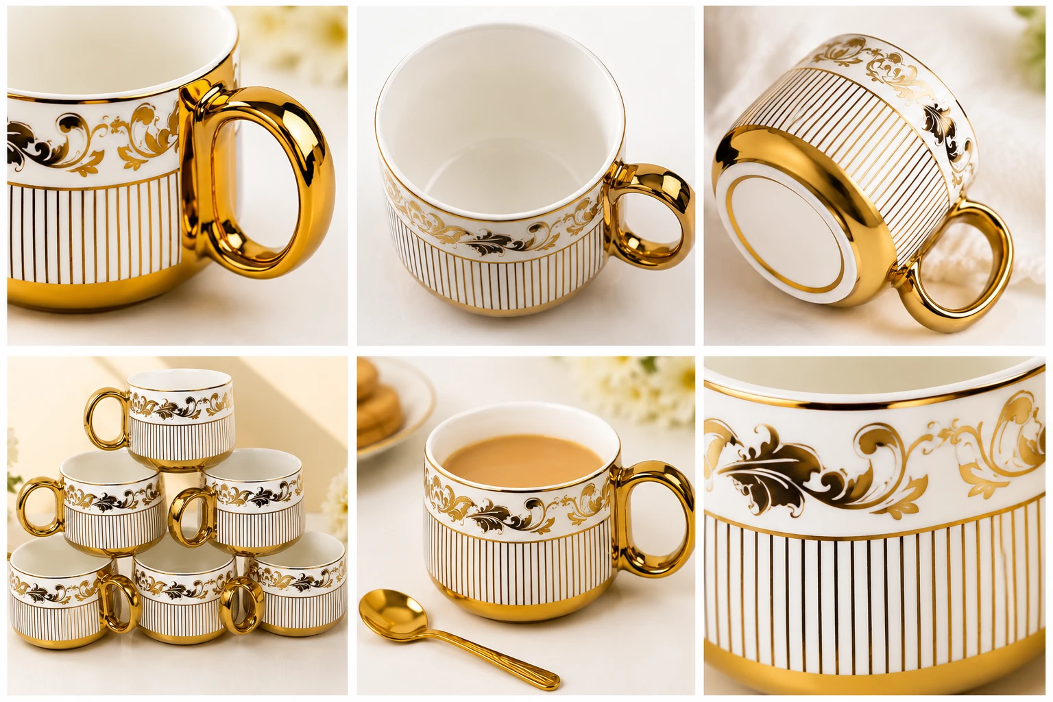 Collage of close-ups showing gold handle, cup interior, base, stacked set, filled cup, and floral pattern