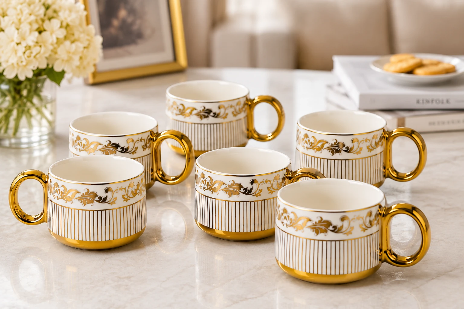 Six gold-accented tea cups arranged on a tabletop in a styled home setting