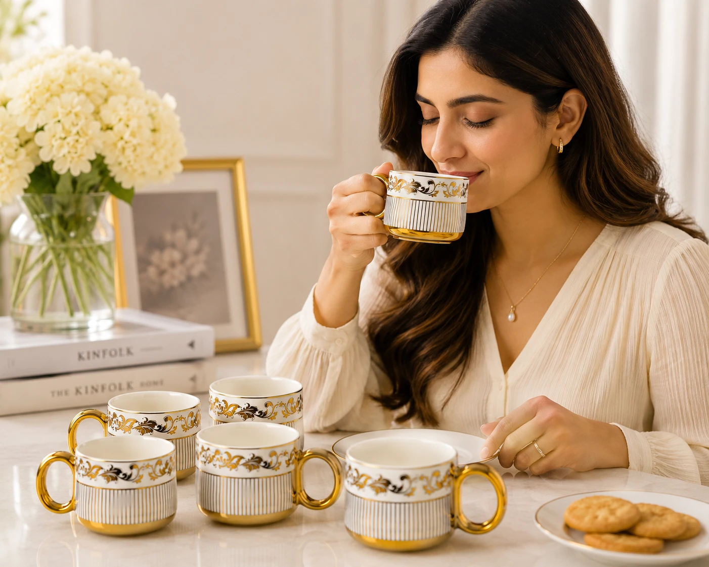 Woman holding one gold floral tea cup while the remaining cups sit on the table with biscuits