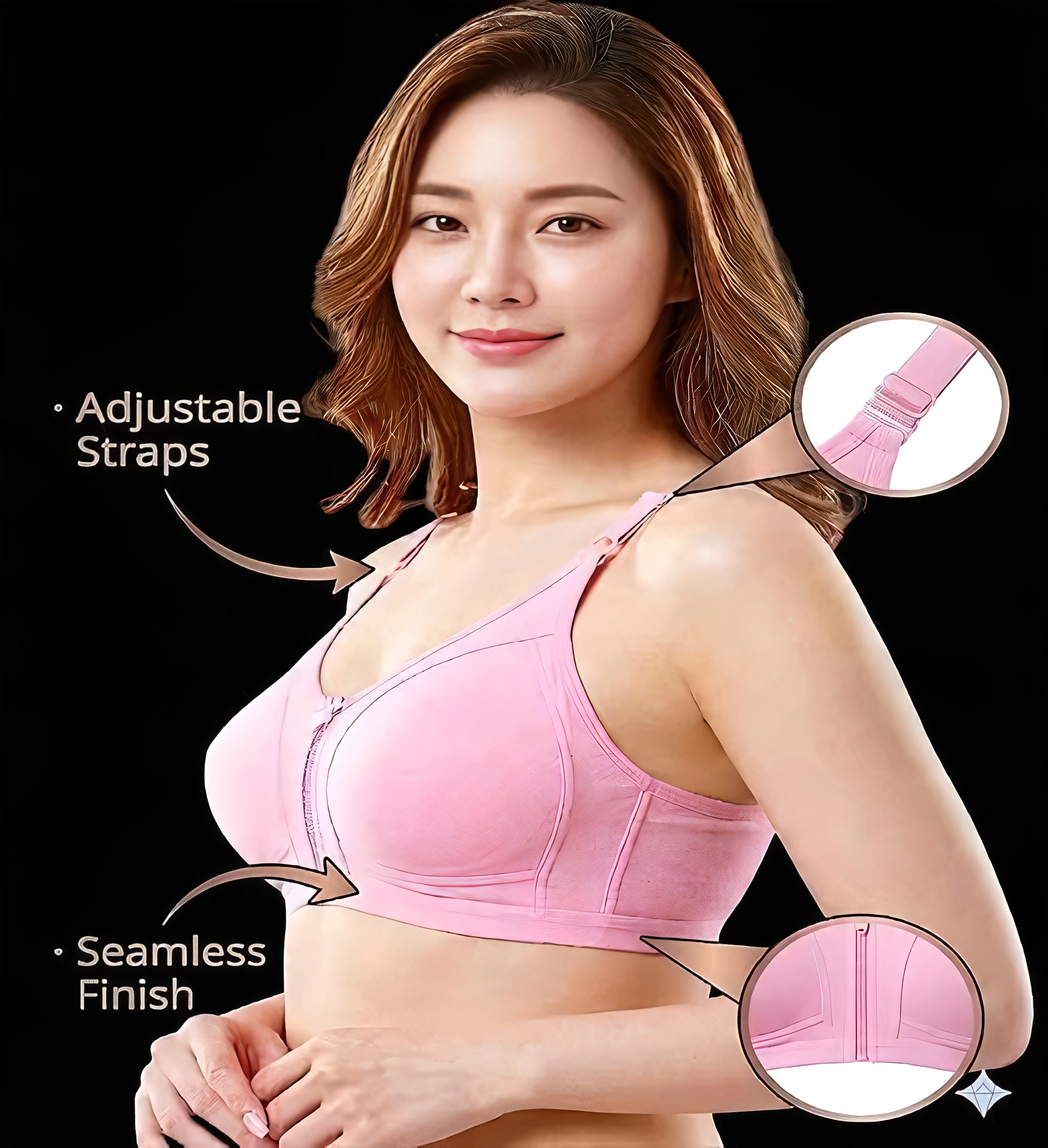 Side view of the pink bra highlighting adjustable straps and seamless side finish with close-up insets