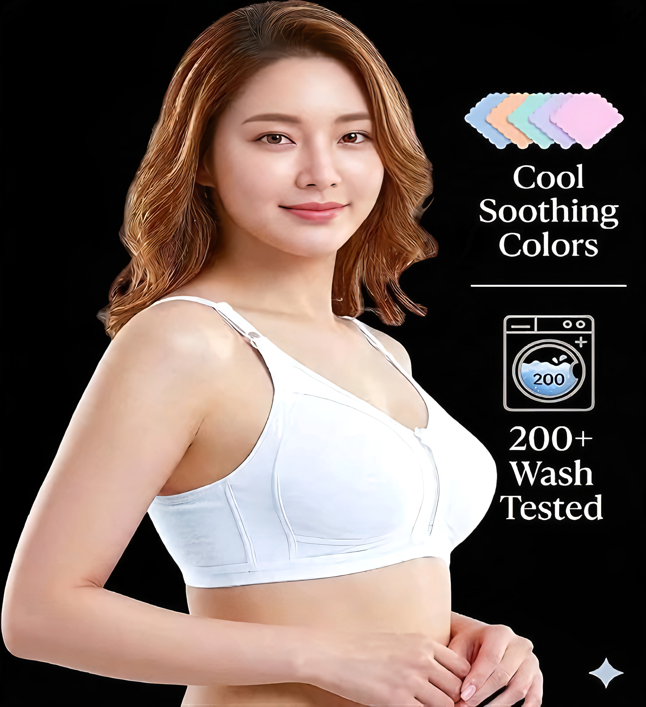 Side profile of the white bra with graphics noting soothing colors and 200+ wash tested fabric