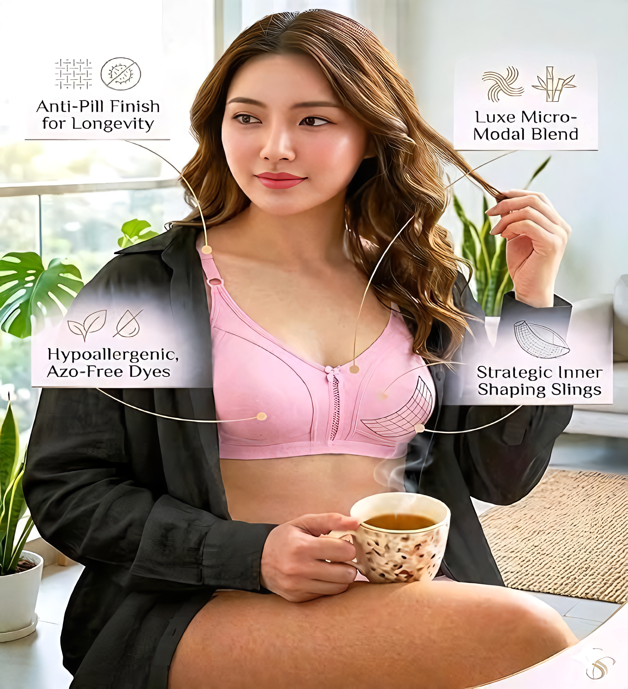 Pink bra worn with black cover-up, annotated with anti-pill, hypoallergenic and inner shaping features