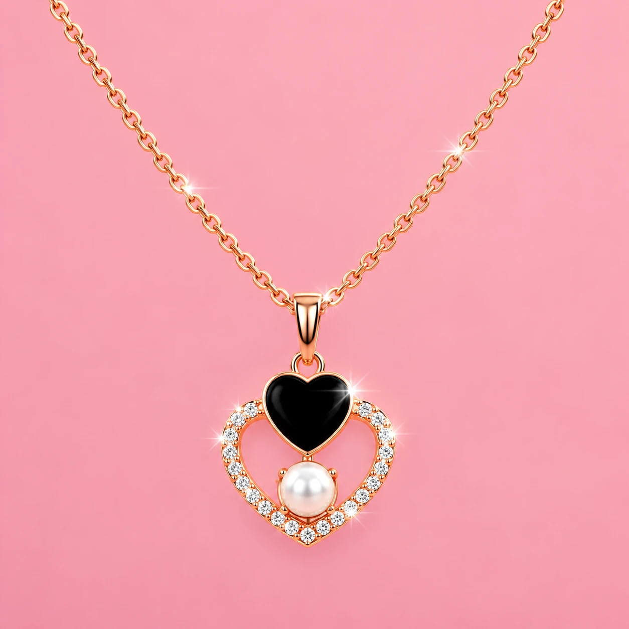 Close-up of rose gold chain with open crystal heart pendant, black heart top and single pearl center on pink