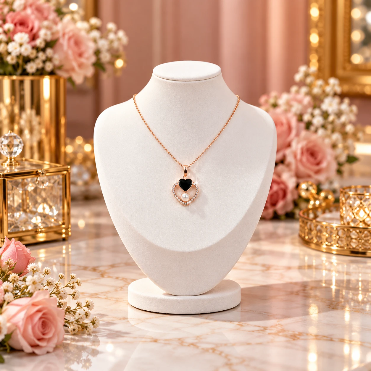 Rose gold pendant necklace displayed on a white jewelry bust with pink roses and gold decor in the background