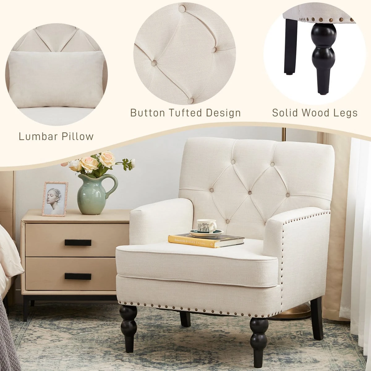 Feature collage showing lumbar pillow, button-tufted backrest and solid black wood legs on the cream chair