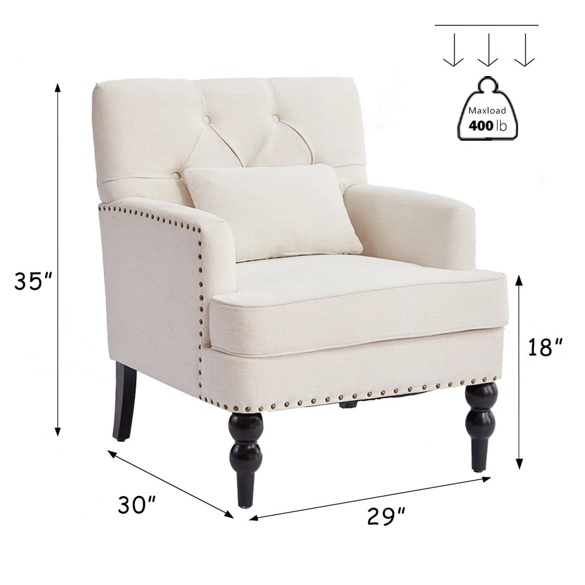 Dimension graphic of the cream armchair showing 35in height, 30in depth, 29in width and 400 lb max load