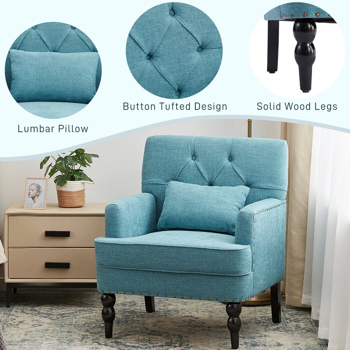 Feature graphic showing lumbar pillow, button tufting and solid wood legs on the blue armchair