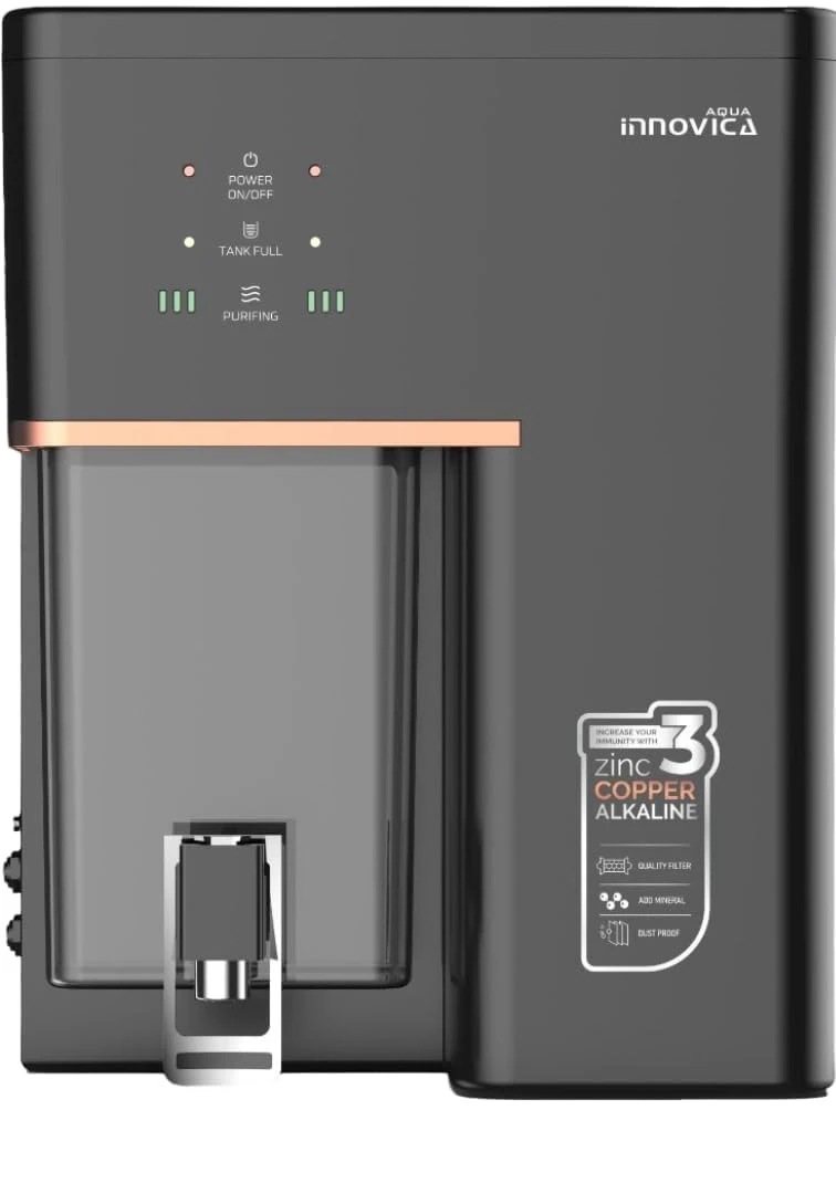 Front view of black Aqua Innovica water purifier with LED indicators and front tap dispenser