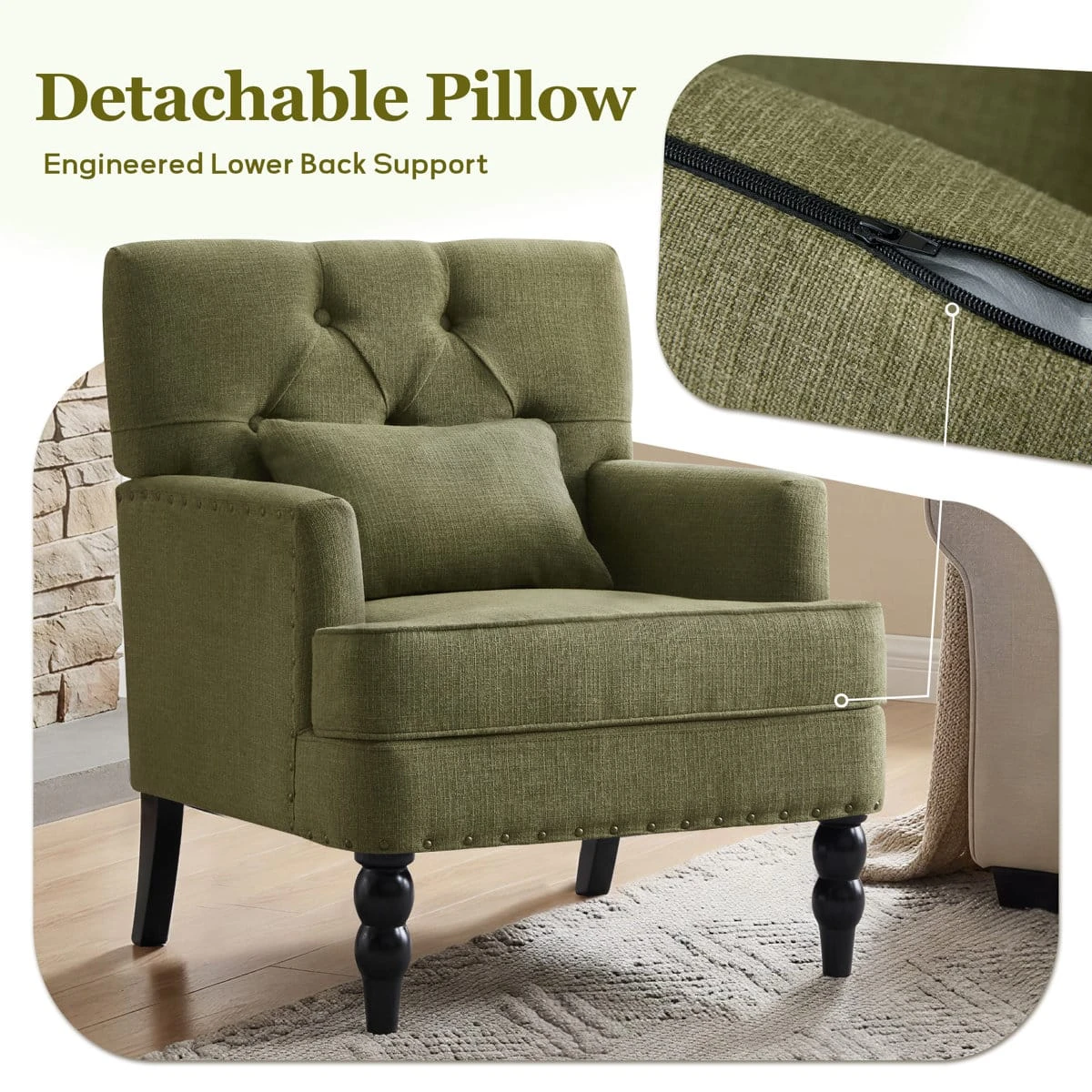 Accent chair feature graphic showing detachable lumbar pillow and zippered cushion cover detail