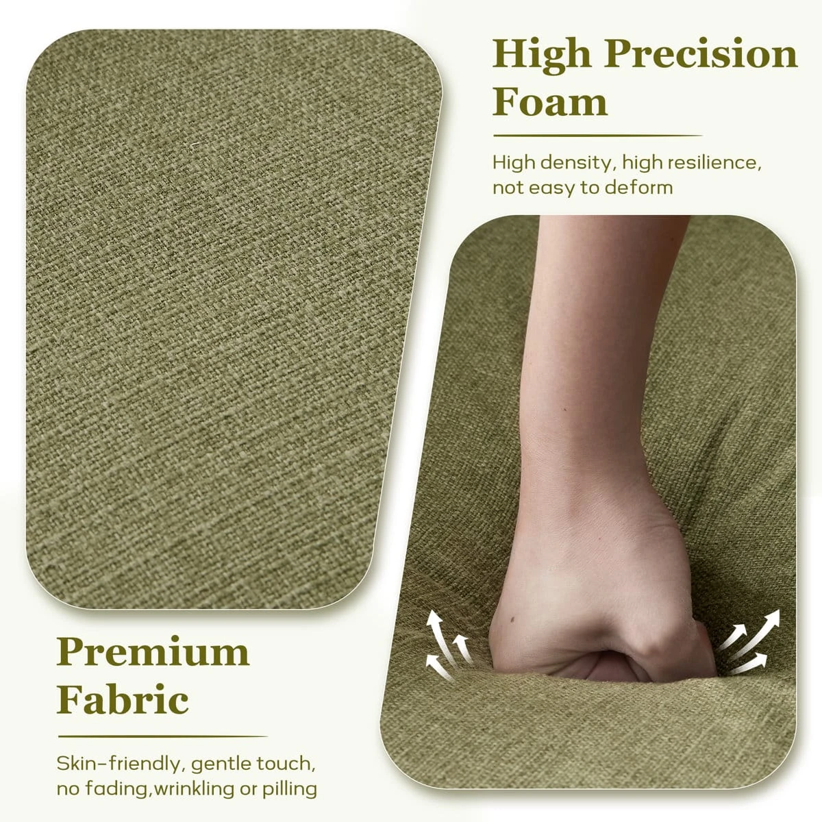 Close-up graphic of olive fabric texture and foam seat cushioning pressed by hand