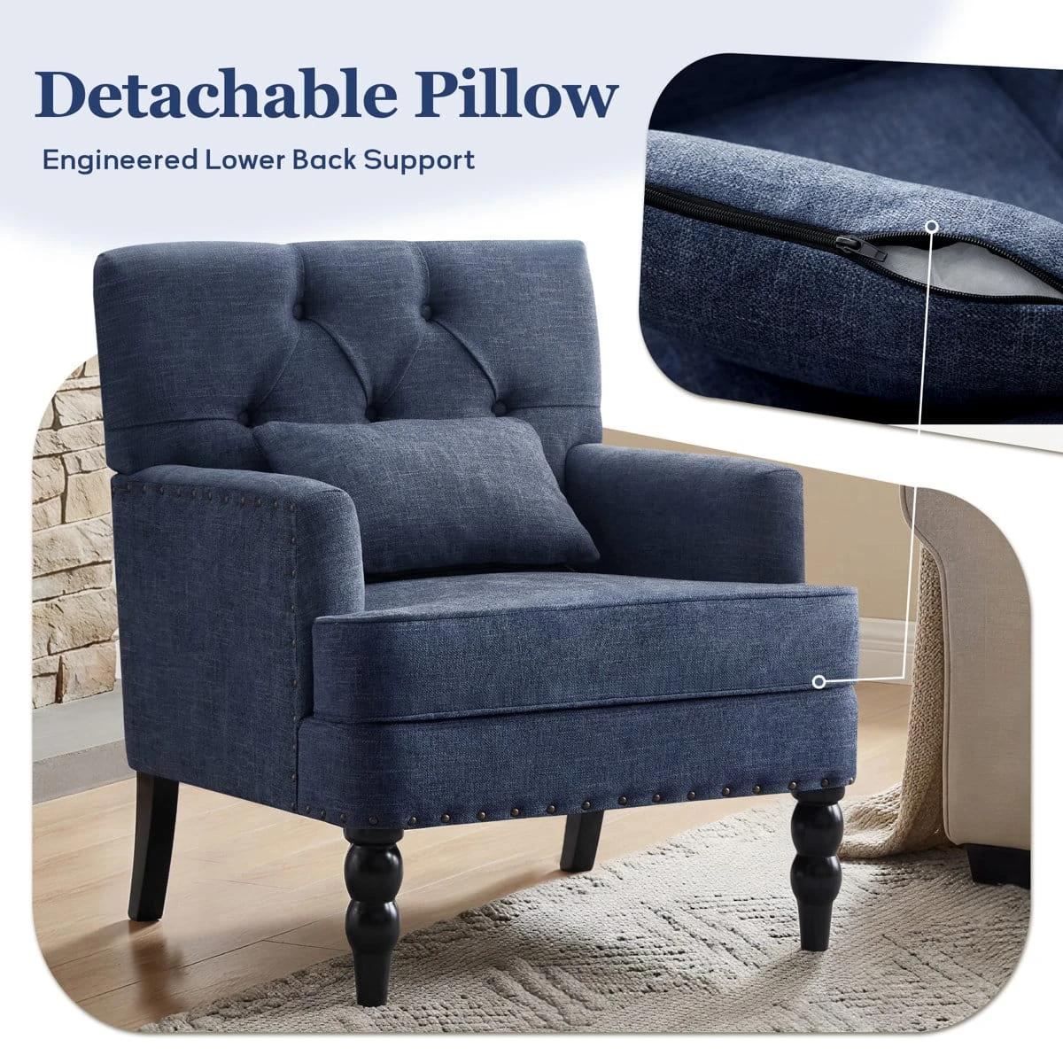 Feature graphic highlighting the detachable lumbar pillow with close-up zipper detail