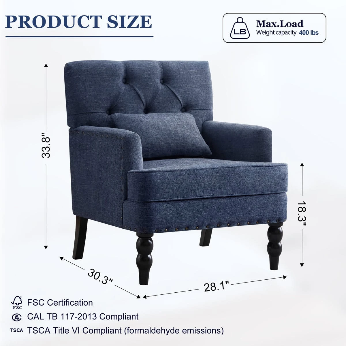 Size chart for the blue accent chair showing dimensions and 400 lb weight capacity