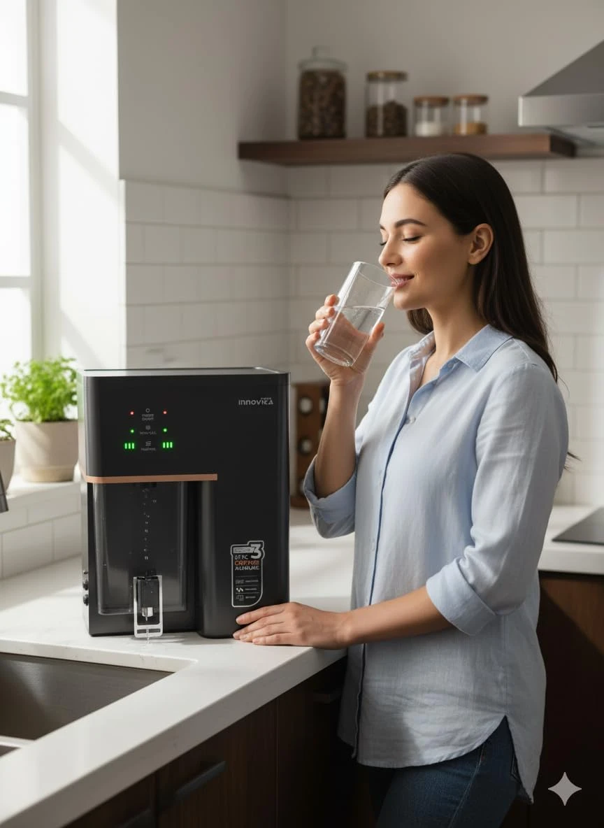 Black water purifier on kitchen counter as woman drinks a glass of water beside it
